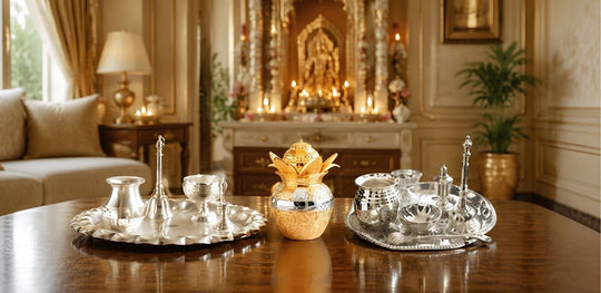 Premium silver plated 7-piece pooja thali set by Indian Art Villa, with Laxmi Ganesh design, ideal for rituals and decor