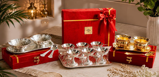 Indian Art Villa silver-plated bowl set with tray and spoons, luxury gifting item in elegant red velvet box.
