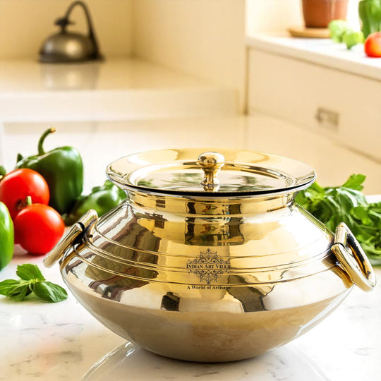 Brass Patila Handi with Tin Lining, Lid & Handle – 3L