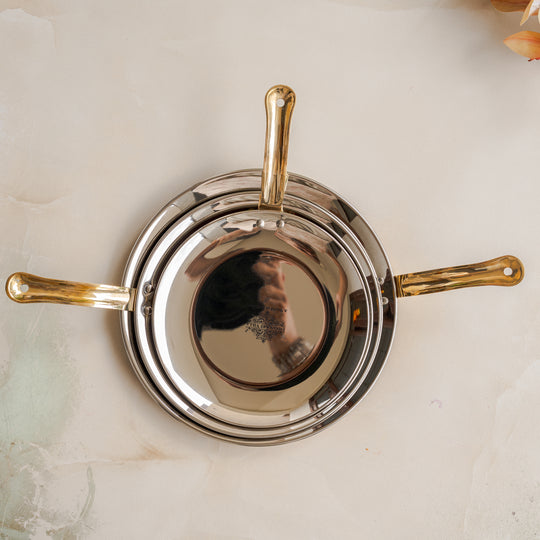 Indian Art Villa Steel Copper Serving Hammered Tawa Platter With Brass Handle, Available in Three Sizes