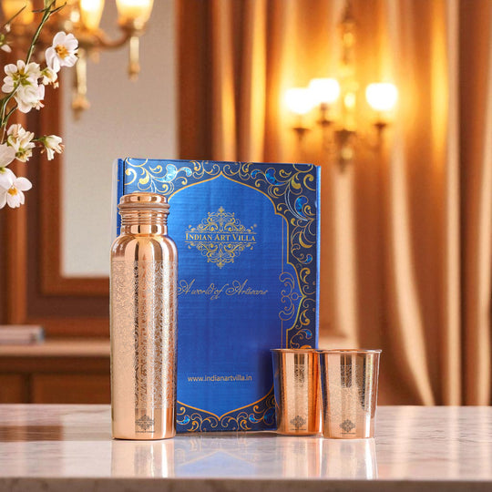 Embossed copper water bottle 900 ml with 275 ml glass, tamra bottle set packed in decorative blue gift box