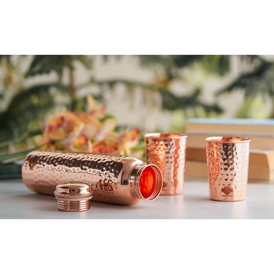 Pure Copper Hammered Leak Proof Water Bottle & Two Glass