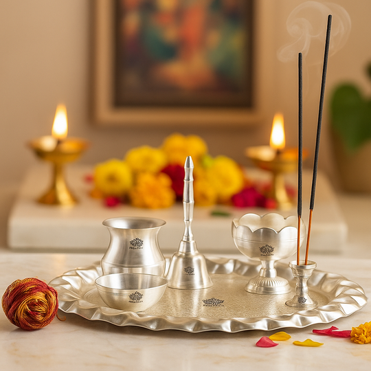 Silver Plated Pooja Thali With Embossed Design Set Of Five