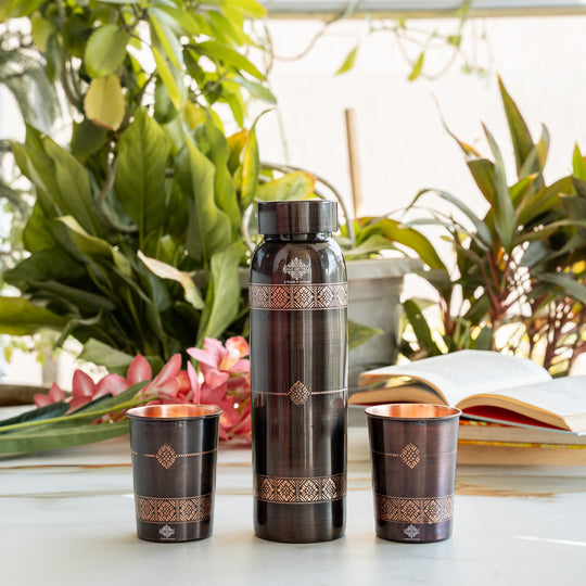 Pure Copper Drinkware Gift Set- Antique Finish Embossed Design