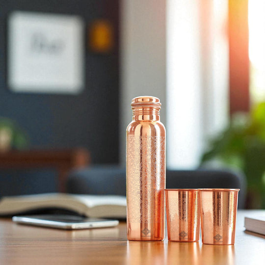 Indian Art Villa 100% pure copper water bottle 900 ml with 275 ml glass, embossed design tambe ki bottle set in gift box