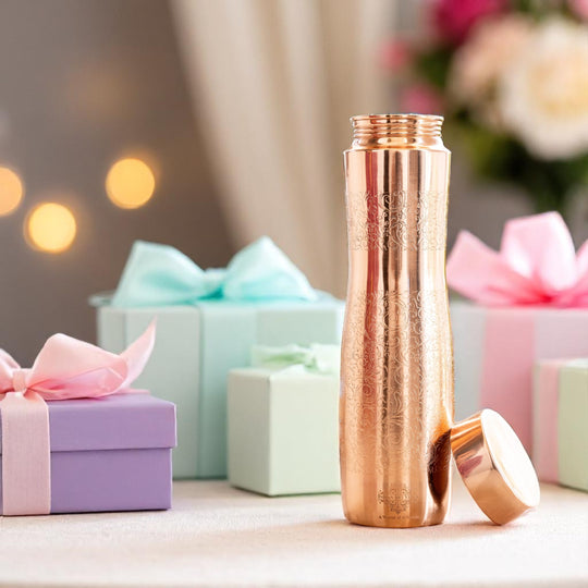 Copper Bottle with Curved Shape & Lacquer Embossed Design – 900ml