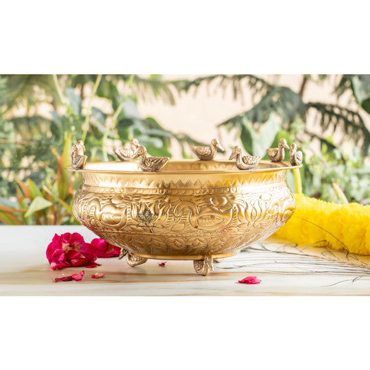 Brass Urli with Duck & Lotus Design – Traditional Decor