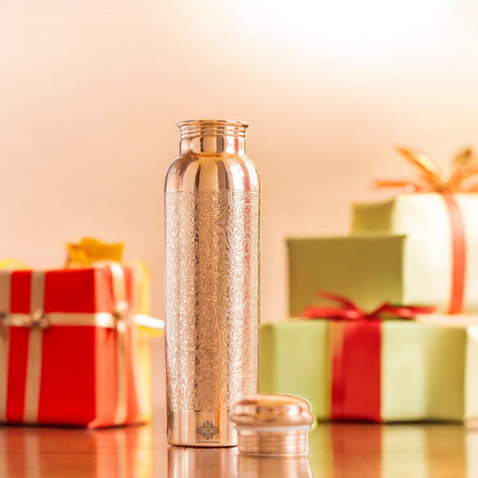Pure Copper Water Bottle with Embossed Design