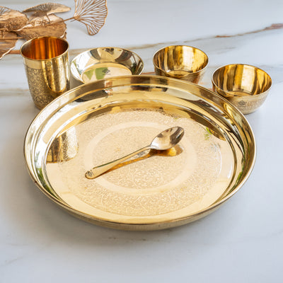 Brass Embossed Design Thali Set -  Gold Dining & Gifting Set