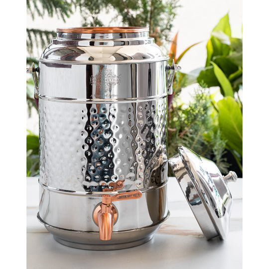 5 litre plain copper matka on heavy-duty iron stand – large tamba matka with stand for commercial use – copper matka 5 litre price