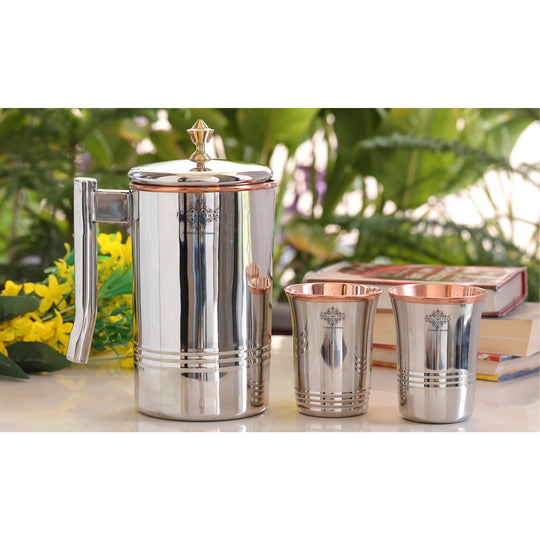 Steel Copper Drinkware Gift Set of Mirror Line Design 1 Jug & Glasses With Gift Box