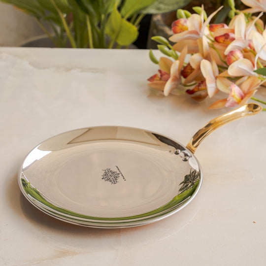 Elegant copper steel tawa with brass handle from Indian Art Villa designed to elevate your kitchen and dining experiences.