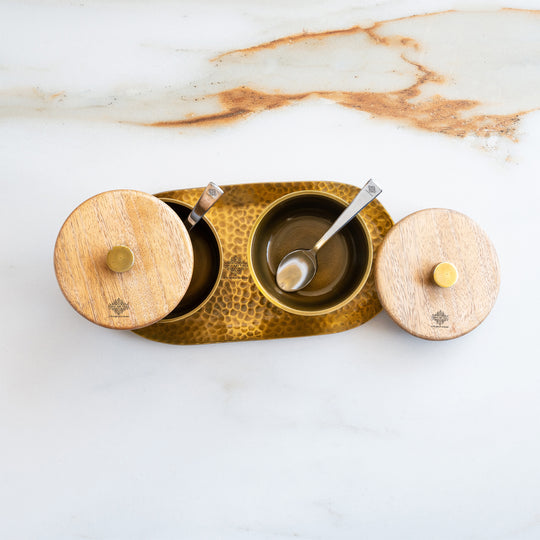Hammered Aluminium Condiment Bowl Set with Wooden Lid & Brass Spoons