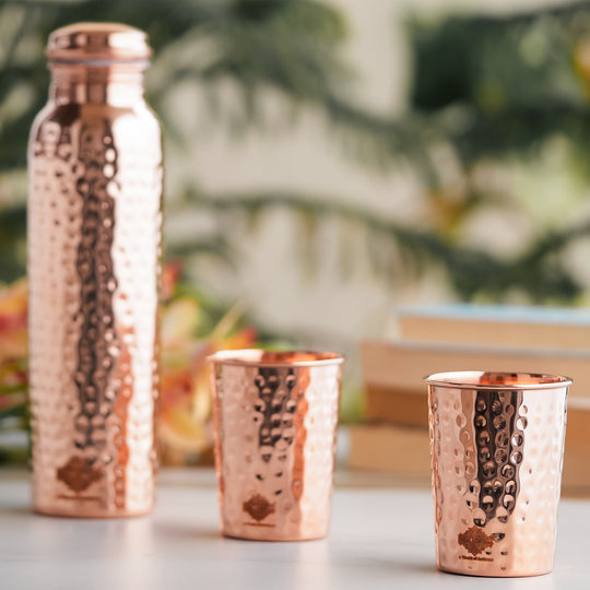 Pure Copper Hammered Leak Proof Water Bottle & Two Glass