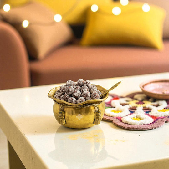 Brass Bowl & Spoon Set With Velvet Box - Hammered Design