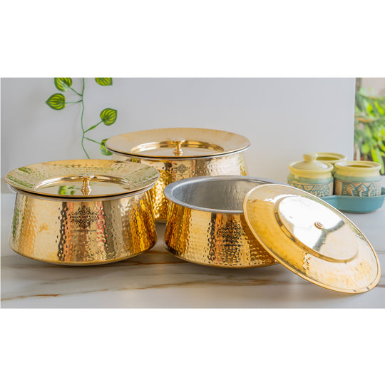 Elegant handcrafted brass cooking pot set in hammered design with lid and tin interior crafted with cultural finesse