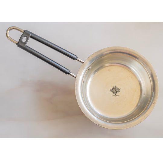 Handcrafted brass patila with tin lining and long handle premium cookware by Indian Art Villa designed for tea or coffee