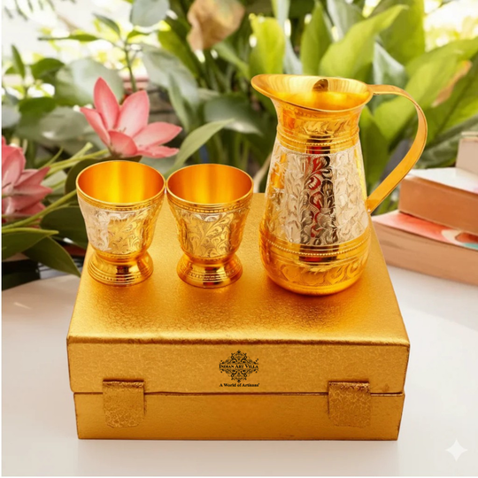 Silver & Gold Plated Jug & 2 Glass Tumbler, Drinkware, Gift Set, 3 Pieces