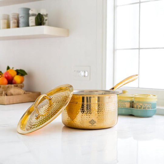 Pure hammered brass pots and pans cookware with tin coated surface sturdy brass lid and long handle for daily kitchen use