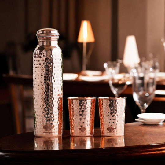 Pure Copper Hammered Leak Proof Water Bottle & Two Glass