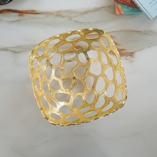 Brass Finish Hollow Design Fruit Basket,12 Inches Length