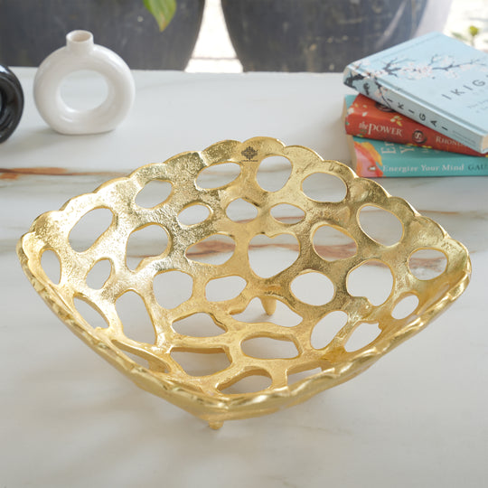 Brass Finish Hollow Design Fruit Basket,12 Inches Length