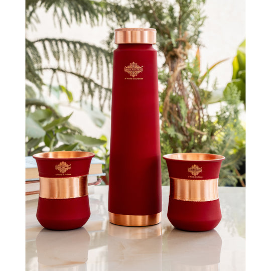 Pure Copper Drinkware Gift Set Red Color Bottle & Two Glasses With Silk Finish Design