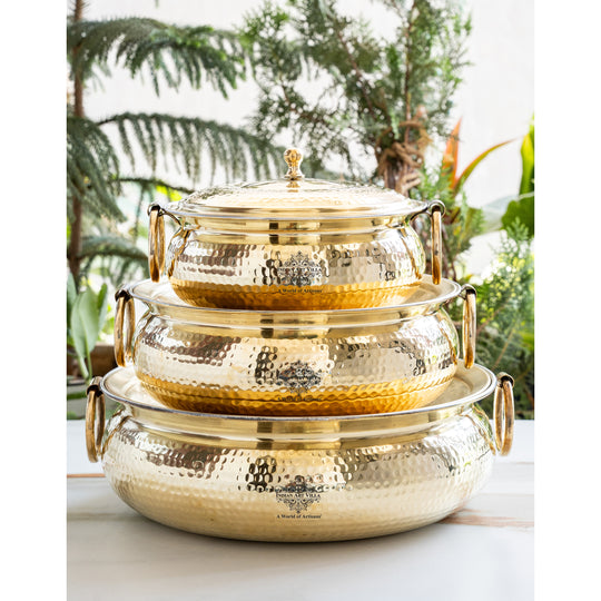 Brass Degchi With Hammered Design, Handle & Inside Tin Lining