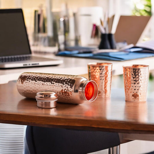 Pure Copper Hammered Leak Proof Water Bottle & Two Glass