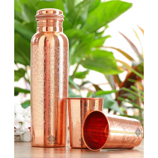 Handcrafted embossed copper bottle and glass set, 900 ml water bottle with 275 ml tumbler by Indian Art Villa