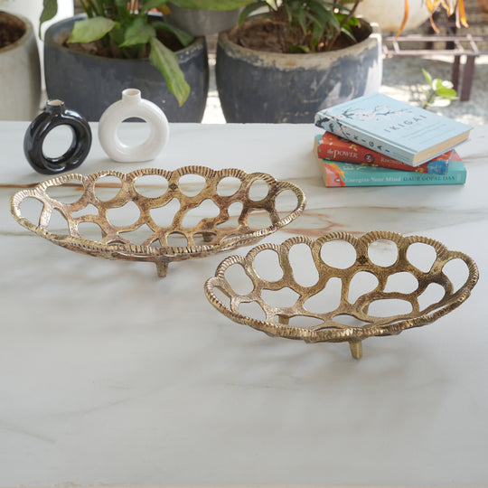Brass Finish Oval Shape Hollow Design Tray/Fruit Basket