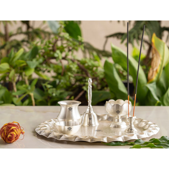 Silver Plated Pooja Thali With Embossed Design Set Of Five