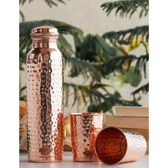 Pure Copper Hammered Leak Proof Water Bottle & Two Glass