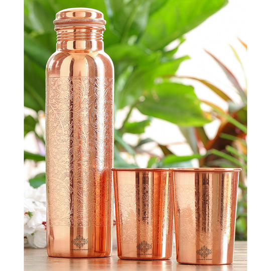 Premium pure copper water bottle and glass set with engraved embossing, 900 ml bottle for Ayurvedic drinking water