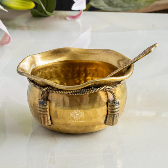 Brass Bowl & Spoon Set With Velvet Box - Hammered Design