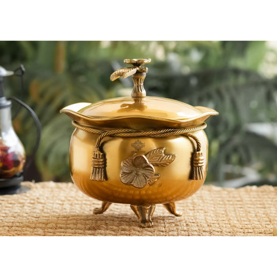 Brass Decorative Handi with Lid Neck Ribbon Bow Design  3 Legs