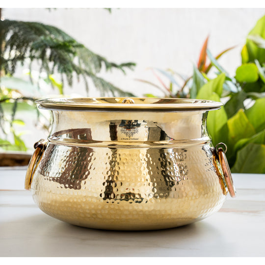 Brass Hammered Lagan Handi With Handle With Tin Lining & Lid Cover