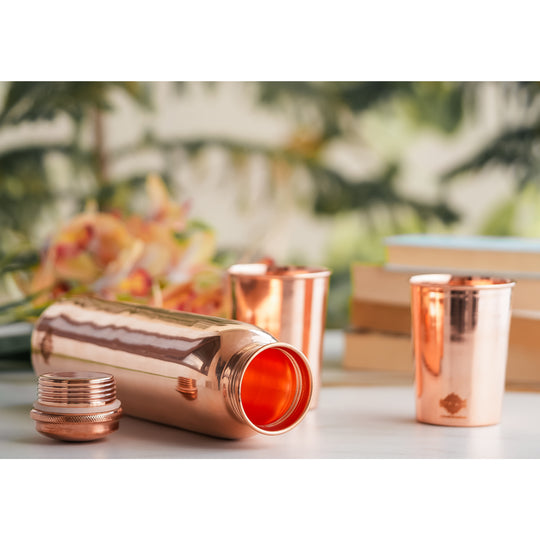 Pure Copper Glossy Look Leak Proof Water Bottle & Two Glasses with a Gift Box