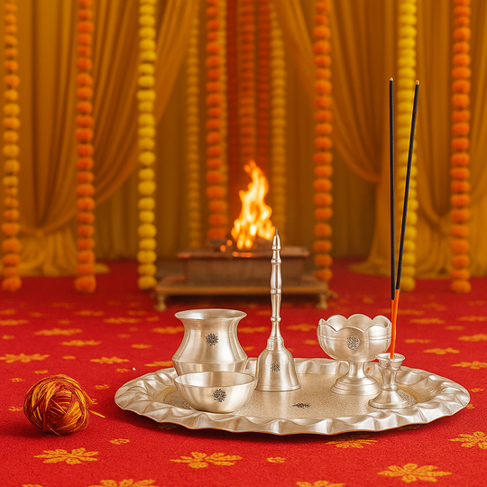 Silver Plated Pooja Thali With Embossed Design Set Of Five