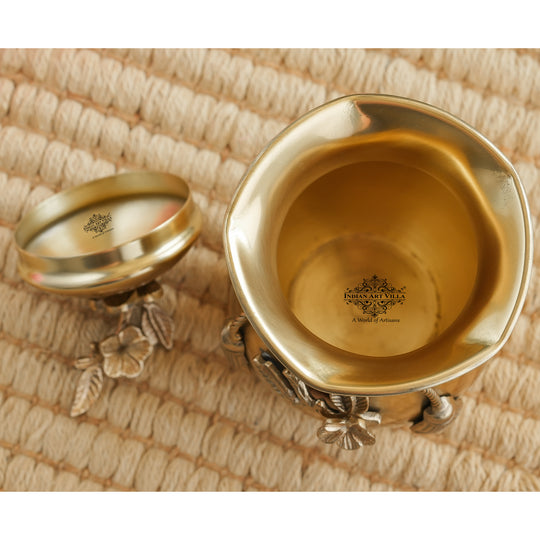 Brass Decorative Handi with Tie Design on Neck and Flower Design Lid