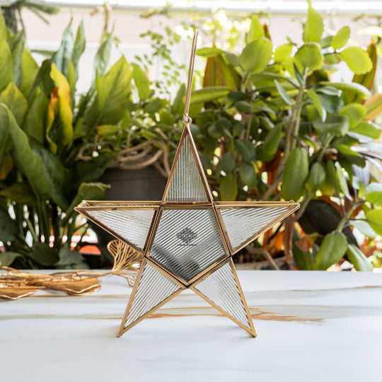 Indian Art Villa Brass & Glass Star Candle Stand with Handle, 10 Inch Decorative Accent for Home Decor & Corporate Gifting