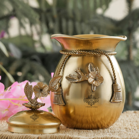 Brass Decorative Handi with Tie Design on Neck and Flower Design Lid