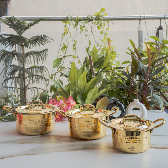 Pure Brass Pot Hammered Design With Tin Lining and Lid