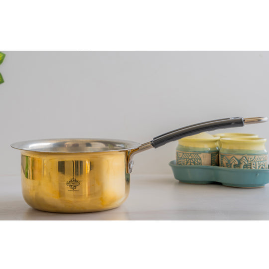 Pure pital patila with tin lining and long handle by Indian Art Villa ideal for boiling milk and making Indian curries