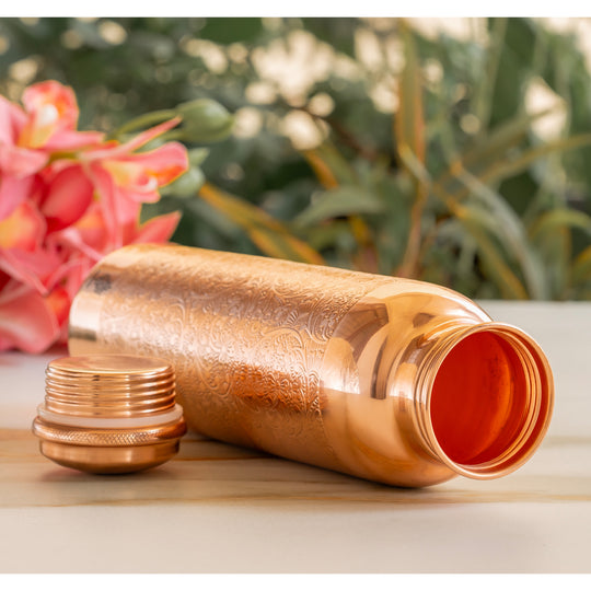 Pure Copper Water Bottle with Embossed Design