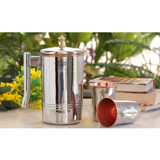Steel Copper Drinkware Gift Set of Mirror Line Design 1 Jug & Glasses With Gift Box