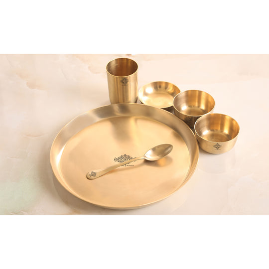 Pure Brass Matt Finish 7 Pieces Dinner Set / Thali Set, Dinnerware, Tableware