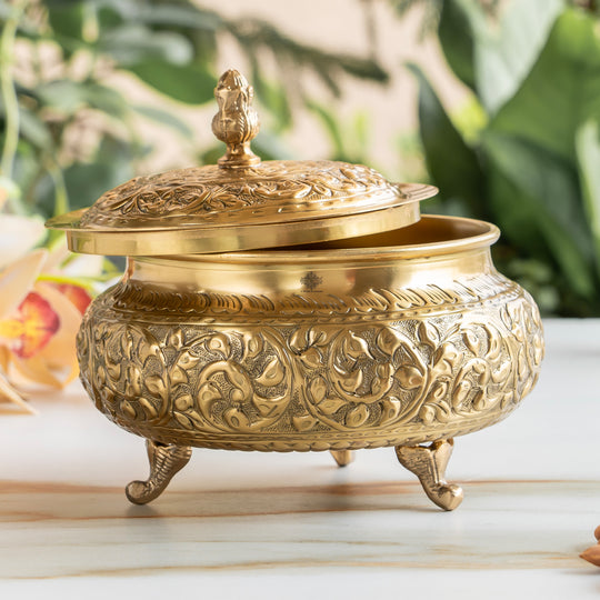 Luxurious pital handi with luminous shell contoured brass handles and a lid crowned with intricate handcrafted detail