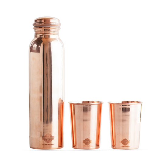 Pure Copper Glossy Look Leak Proof Water Bottle & Two Glasses with a Gift Box
