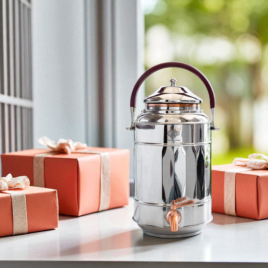 Close-up of 5L copper water dispenser diamond embossed pattern with brass tap detail – copper matka with tap